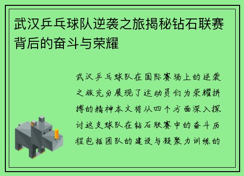 武汉乒乓球队逆袭之旅揭秘钻石联赛背后的奋斗与荣耀